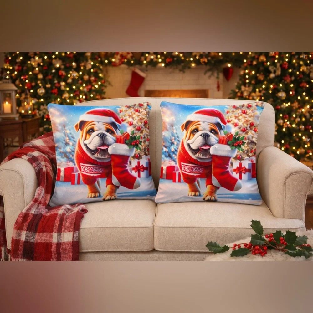 NEW Set of 2 English Bulldog Santa Christmas Throw Pillow Covers Pillowcases